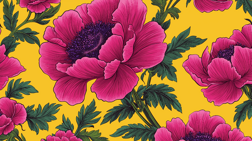 Papier peint floral avec anémones roses sur fond jaune éclatant pour décoration murale moderne.