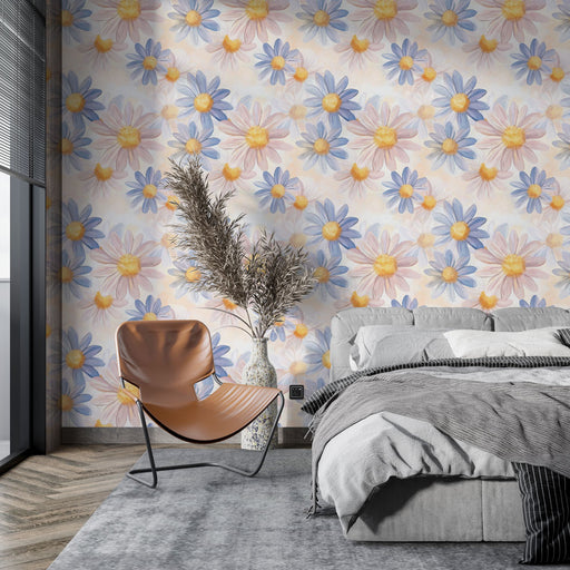Une chambre moderne avec un papier peint floral aux couleurs douces, mêlant des fleurs bleues et roses sur un fond pastel, créant une ambiance douce et apaisante.
