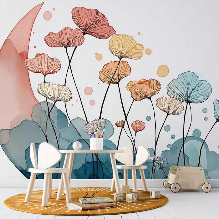 Une chambre d'enfant avec un papier peint floral aquarelle aux teintes douces de rose, orange et bleu, créant une atmosphère joyeuse et apaisante.
