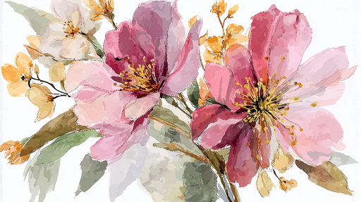 Papier peint fleurs aquarelle Fleurs roses et jaunes délicates sur fond blanc