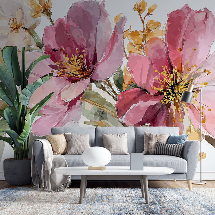 Un salon moderne avec un papier peint floral aux grandes fleurs roses et jaunes, créant une ambiance fraîche et accueillante.