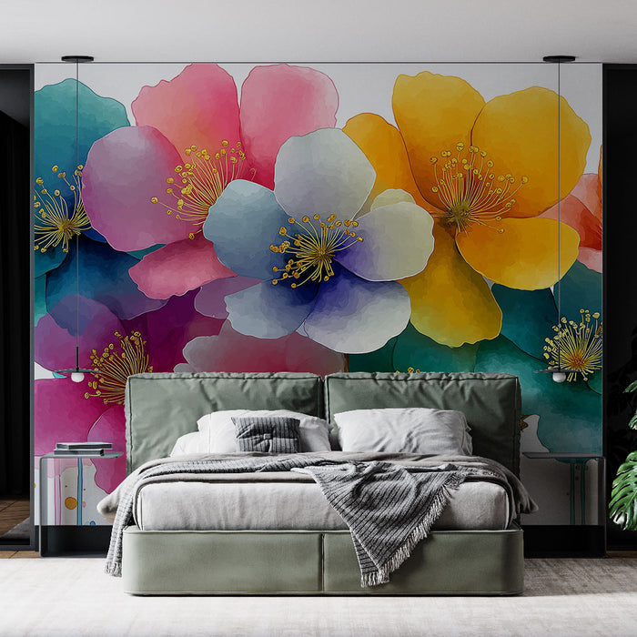 Une chambre moderne avec un papier peint floral éclatant, représentant de grandes fleurs colorées aux teintes vives, créant une ambiance joyeuse et accueillante.