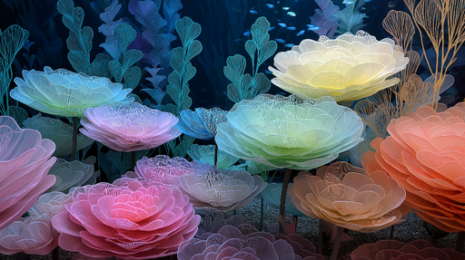 Papier peint fleurs aquatiques Fleurs colorées flottant dans un fond sous-marin mystérieux
