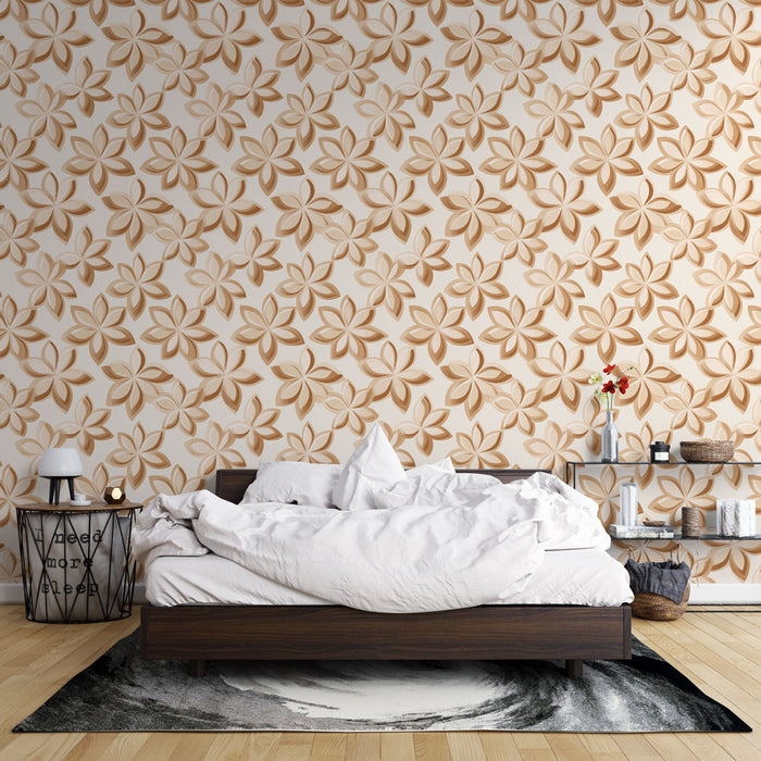 Une chambre accueillante avec un papier peint floral beige et doré aux motifs délicats, créant une atmosphère douce et chaleureuse.