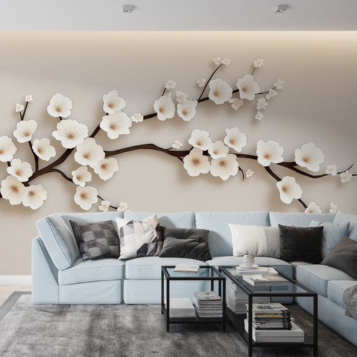 Papier peint élégant avec fleurs blanches sur branche délicate pour salon moderne