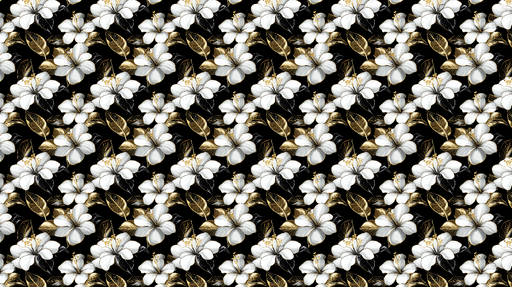 Papier peint fleurs blanches et dorées Motif luxuriant sur fond noir