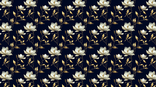 Papier peint fleurs blanches et feuillage doré Élégant motif floral sur fond bleu nuit