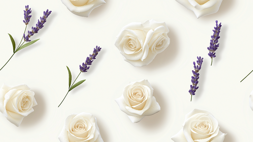 Papier peint fleurs blanches et lavande Motifs délicats de roses et brins de lavande