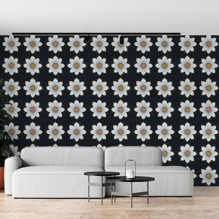 Un salon moderne avec un papier peint floral sur fond noir, présentant de grandes fleurs blanches aux touches dorées, créant une ambiance élégante et dynamique.