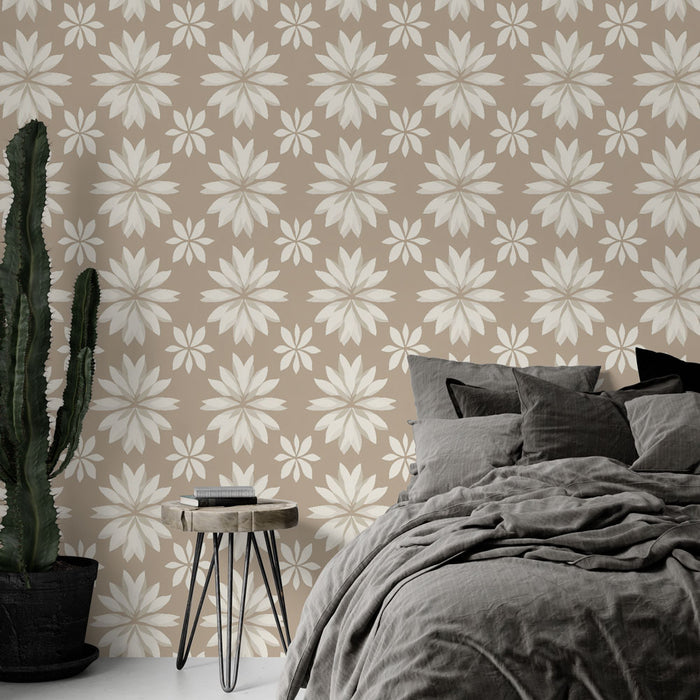 Une chambre moderne avec un papier peint floral beige aux motifs délicats et lumineux, créant une atmosphère chaleureuse et apaisante.