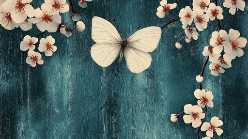 Papier peint fleurs blanches Papillon délicat sur fond bleu