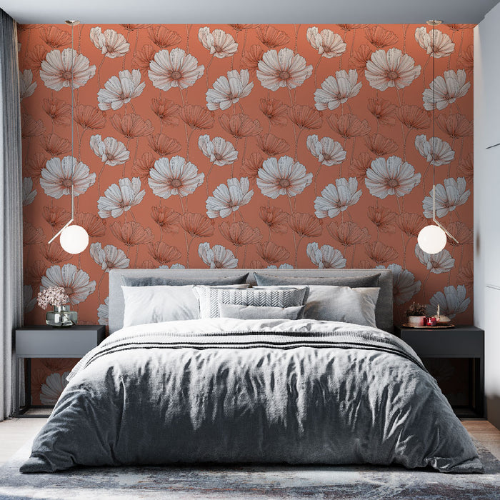 Une chambre moderne avec un papier peint floral aux teintes terracotta et blanche, créant une atmosphère chaleureuse et accueillante.