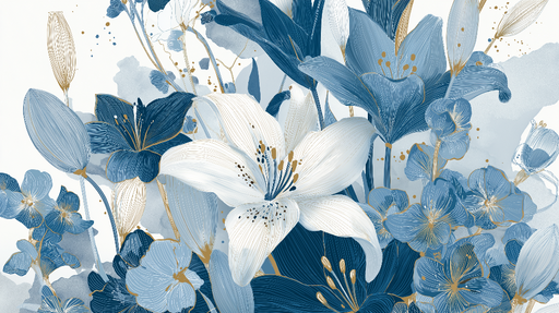 Papier peint fleurs bleues Éclat d'une magnifique fleur blanche entourée de nuances de bleu et d'or