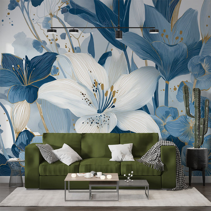 Une salle de séjour moderne avec un papier peint floral bleu et blanc aux motifs élégants de grandes fleurs, créant une ambiance apaisante et raffinée.