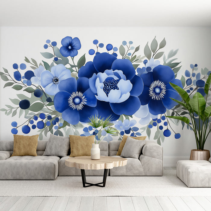 Papier peint fleurs bleues | Élégantes fleurs stylisées sur fond clair