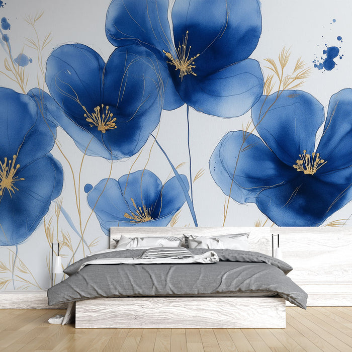 Papier peint fleurs bleues | Fleurs délicates avec accents dorés