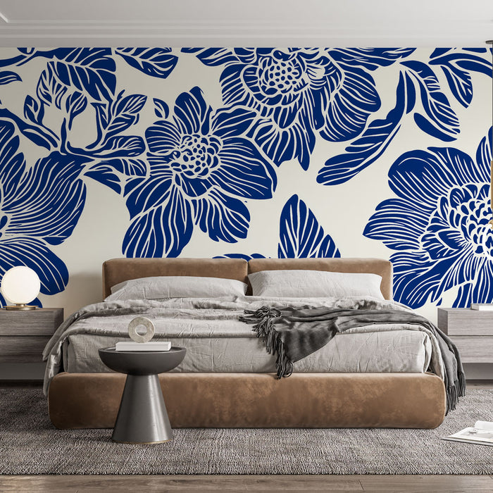 Papier peint fleurs bleues | Motif floral élégant sur fond crème