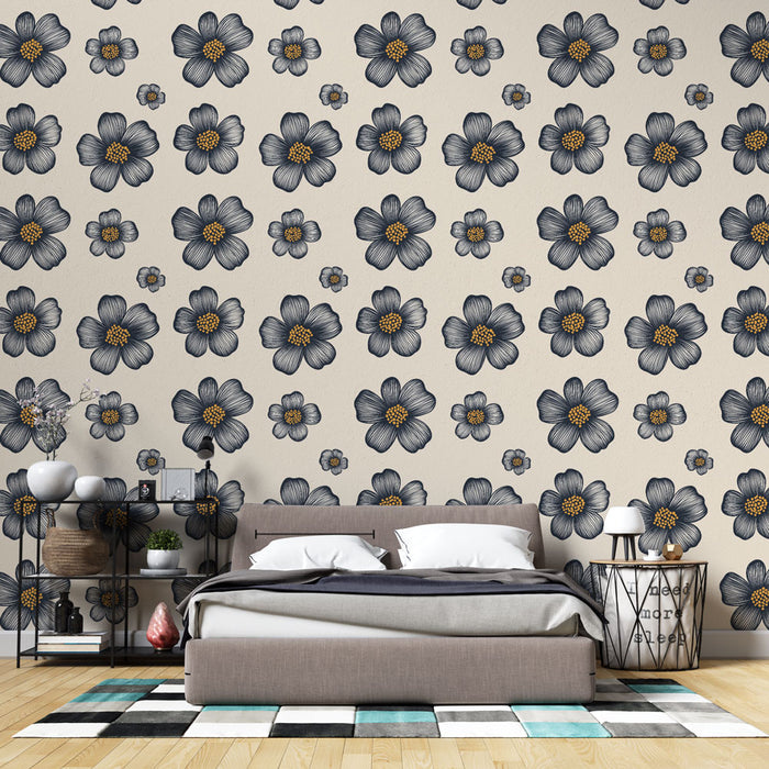 Une chambre moderne avec un papier peint floral beige et bleu marine, aux motifs de fleurs délicates, créant une ambiance chaleureuse et apaisante.
