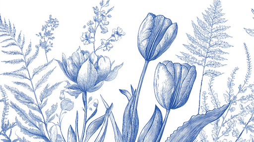 Papier peint fleurs bleues Tulipes élégantes et feuillages délicats