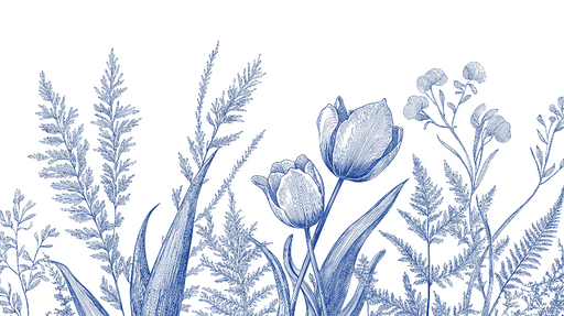 Papier peint fleurs bleues Tulipes élégantes et feuillages détaillés