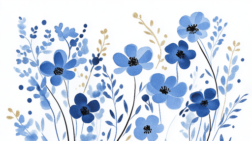 Papier peint fleurs bleues Une délicate illustration florale en bleu et doré