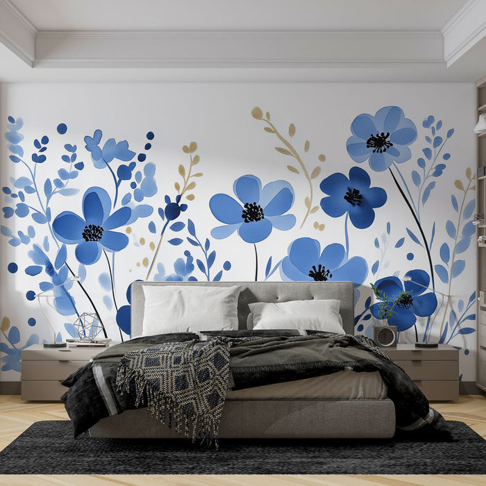 Papier peint fleurs bleues | Une délicate illustration florale en bleu et doré