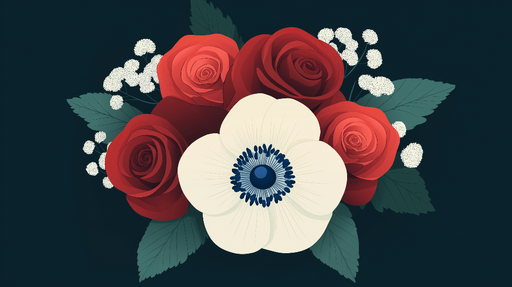 Papier peint fleurs Bouquet de roses et anémones stylisées