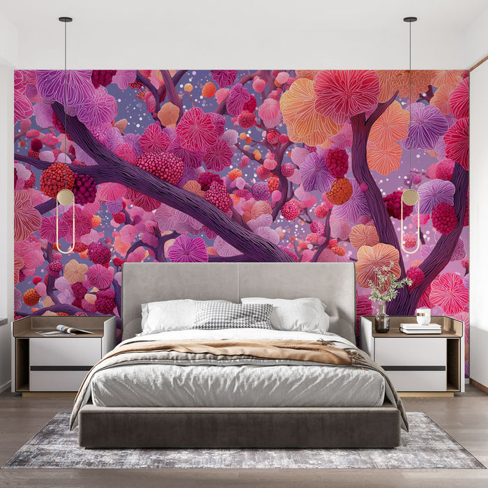 Une chambre moderne avec un papier peint floral vibrant aux motifs de fleurs roses et violettes sur fond mauve, créant une atmosphère chaleureuse et artistique.