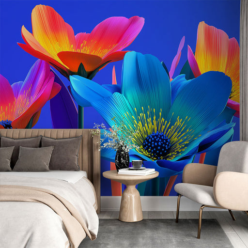 Une chambre moderne avec un papier peint floral vibrant aux couleurs éclatantes de bleu, rose et jaune, créant une atmosphère joyeuse et dynamique.