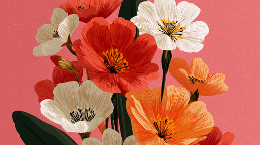 Papier peint fleurs colorées Éclat de fleurs rouges et blanches sur fond rose