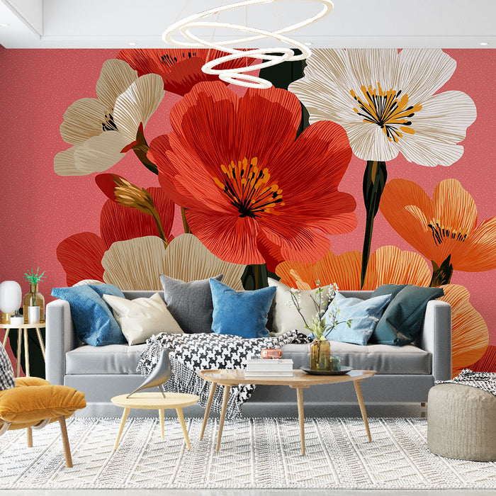 Un salon moderne avec un papier peint floral aux grandes fleurs rouges et blanches sur fond rose, créant une atmosphère chaleureuse et accueillante.
