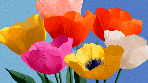 Papier peint fleurs colorées Éclat de tulipes multicolores sur fond bleu