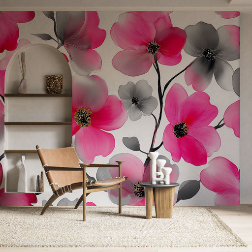 Une pièce moderne avec un papier peint floral aux grandes fleurs roses et grises, créant une atmosphère vibrante et accueillante.