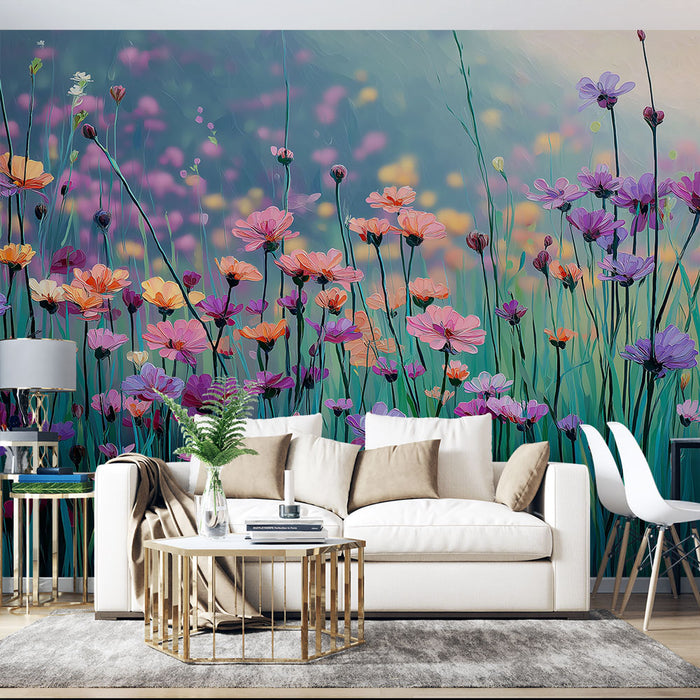 Un salon lumineux avec un papier peint floral vibrant aux teintes roses, violettes et orange, créant une atmosphère joyeuse et apaisante.