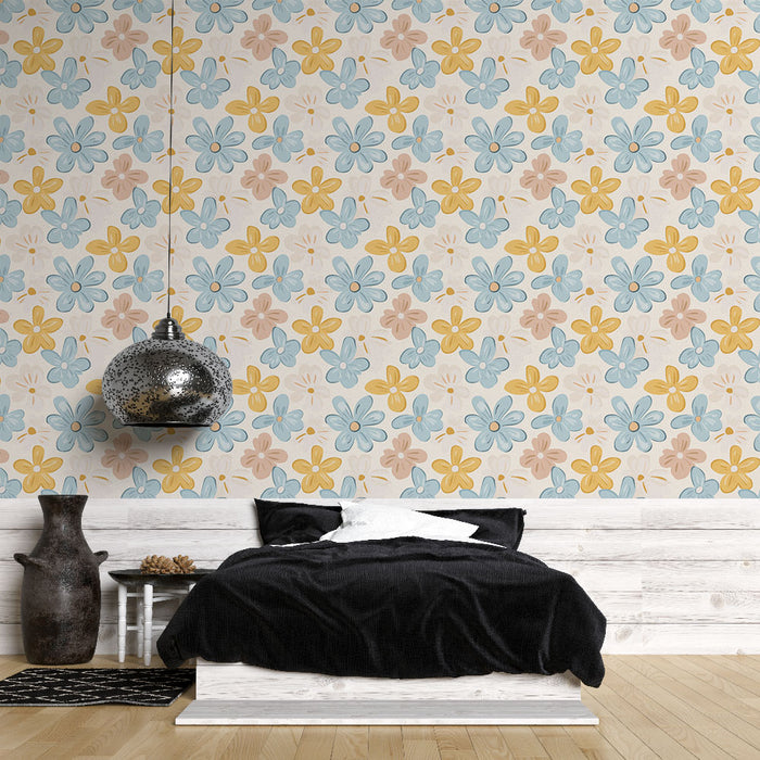 Une chambre accueillante avec un papier peint floral aux motifs colorés de fleurs bleues, jaunes et roses sur fond clair, créant une atmosphère joyeuse et apaisante.