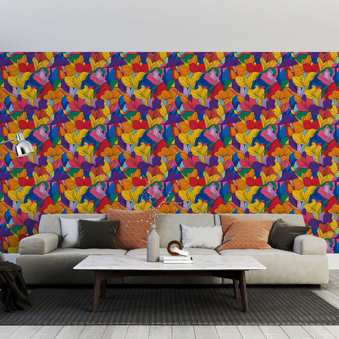 Un salon moderne avec un papier peint floral aux couleurs vives et dynamiques, mêlant jaune, rouge, violet et bleu, créant une ambiance joyeuse et énergique.