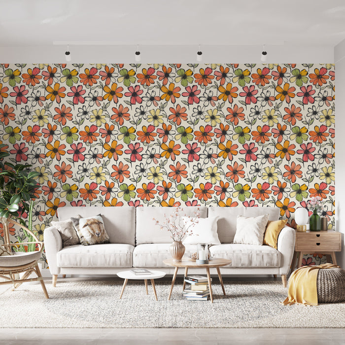 Un salon lumineux avec un papier peint floral aux motifs colorés de fleurs oranges, roses et vertes sur fond crème, créant une ambiance joyeuse et accueillante.