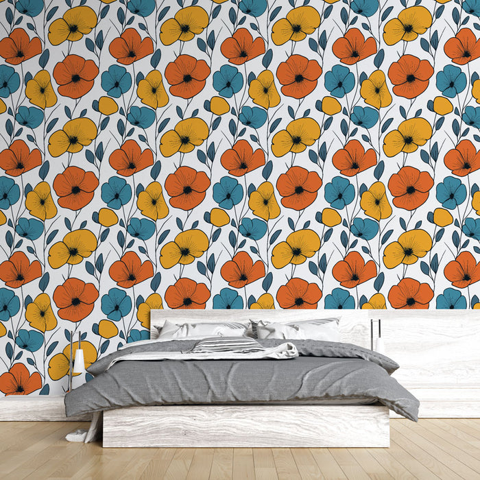 Une chambre moderne avec un papier peint floral coloré aux motifs de fleurs orange, jaunes et bleues sur fond blanc, créant une ambiance joyeuse et vivante.