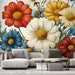 Papier peint floral coloré avec motifs de grandes fleurs pour salon moderne et rafraîchissant