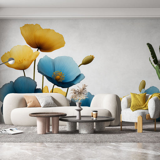Un salon contemporain avec un papier peint floral aux grandes fleurs jaunes et bleues sur fond clair, créant une ambiance joyeuse et accueillante.