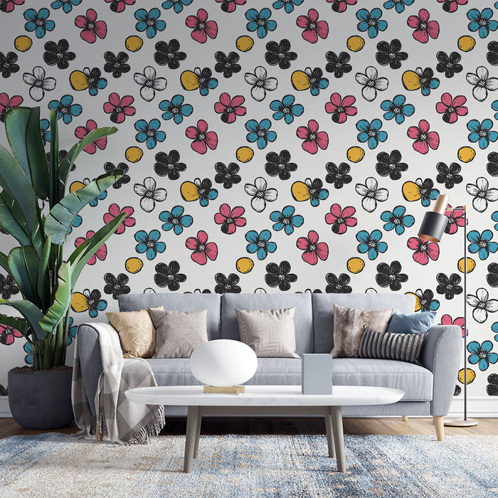 Un salon moderne avec un papier peint floral coloré aux motifs de fleurs roses, bleues et jaunes sur fond blanc, créant une ambiance joyeuse et dynamique.