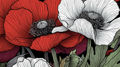 Papier peint fleurs colorées Pétales rouges et blanches en contours délicats