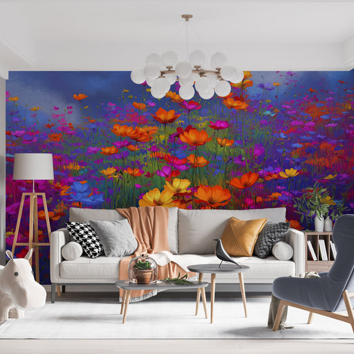 Un salon lumineux avec un papier peint floral vibrant, mêlant des fleurs orange, violettes et roses sur un fond bleu, créant une atmosphère joyeuse et accueillante.