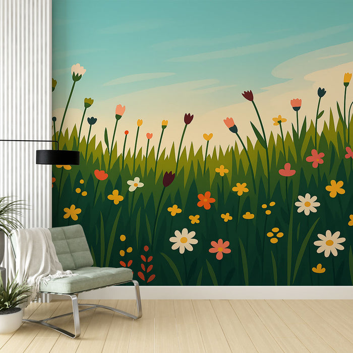Une pièce lumineuse avec un papier peint illustrant un champ de fleurs colorées et stylisées, créant une ambiance joyeuse et printanière.