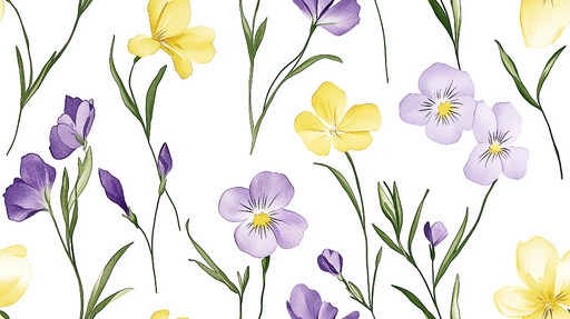 Papier peint floral coloré avec pensées violettes et fleurs jaunes sur fond blanc pour décoration murale élégante.