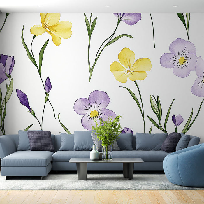 Papier peint fleurs colorées | Un motif délicat de pensées et de fleurs jaunes sur fond blanc