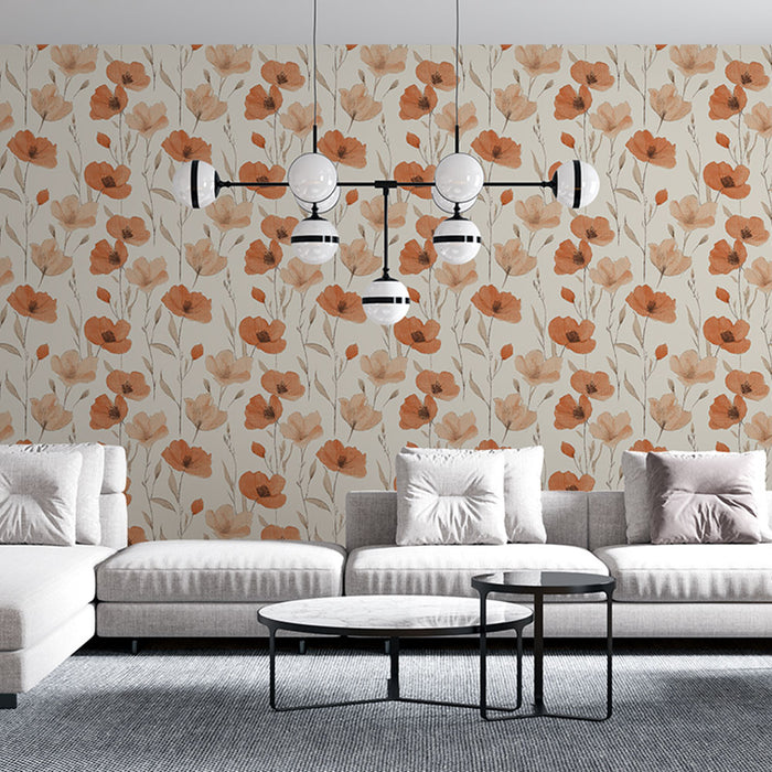 Un salon moderne avec un papier peint floral aux teintes douces de beige et d'orange, créant une atmosphère chaleureuse et accueillante.