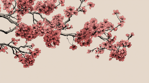 Papier peint fleurs de cerisier Branche délicate avec des fleurs roses sur fond beige