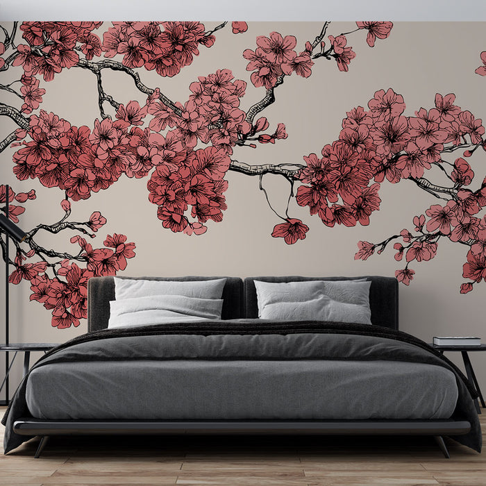 Une chambre moderne avec un papier peint floral représentant des cerisiers en fleurs aux teintes rose vif sur un fond beige, créant une atmosphère douce et apaisante.