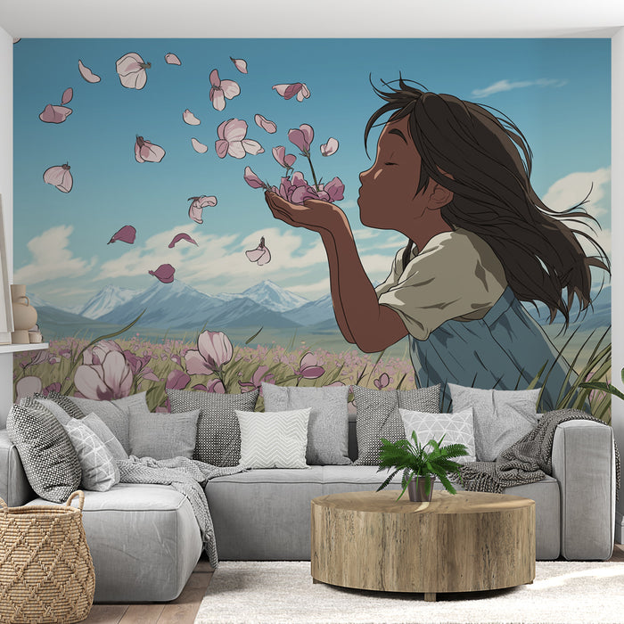 Une pièce de vie moderne avec un papier peint illustratif représentant une jeune fille soufflant des pétales de fleurs, créant une ambiance rêveuse et poétique.